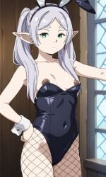 ai_generated breasts bunny_ears bunnysuit dark_nipples elf fishnets flat_chest frieren frieren_beyond_journey's_end meme2112 nipple_slip small_breasts twintails white_hair