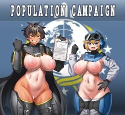 2girls ass bikini blonde_female blonde_hair breasts censored female female_focus female_only helldivers helldivers_(series) helldivers_2 helmet hitch_(hitch_driessen/perotoss400/kirochef) large_breasts light-skinned_female light_skin looking_at_viewer pussy rokmc_chan seaf_soldier_(helldivers) short_hair tan_body tan_skin tanned tanned_female tanned_skin thick_thighs thighs unconvincing_armor wide_hips