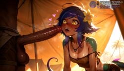 1boy ai_generated all_fours bare_shoulders blue_hair blush breasts cleavage collarbone dark-skinned_male dark_skin erection fangs female flower freckles hair_flower hair_ornament heart huge_cock imminent_fellatio jewelry large_penis league_of_legends looking_at_penis meitabuu multicolored_hair navel necklace neeko open_mouth outdoors palm_tree penis penis_awe precum saliva saliva_trail shorts slit_pupils small_breasts solo_focus straight tail tan tanlines teeth testicles tree uncensored vastaya veins veiny_penis yellow_eyes