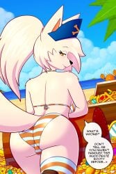 1girls anthro ass ass_focus back back_view backboob beach bent_over bikini breasts commission crab dat_ass ears english_text female furry furry_only galajo gluteal_fold gold_(metal) large_ass leaning_forward looking_at_viewer looking_back matachu nice_ass ocean original original_character outdoors pirate_hat ponytail red_eyes smile spoken_heart striped_bikini tail talking_to_viewer text_bubble thick_ass thick_thighs thighhighs thighs treasure treasure_chest two-piece_swimsuit white_body white_fur white_hair wolf wolf_girl wolf_humanoid