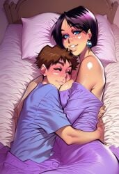 ai_generated bigger_female cuddling hug in_bed melkor_mancin_(style) milf mommy mommy_kink mother mother_and_son needmymommy older_female younger_male