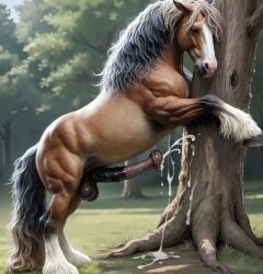 ai ai_generated animal_genitalia animal_penis balls bing_image_creator bodily_fluids cum cum_drip cumshot detailed_background dripping ejaculation equid equine equine_genitalia equine_penis feral flared_penis genital_fluids genitals grass hi_res horse leaning leaning_forward leaning_on_tree male mammal penis plant realistic solo stable_diffusion standing tree