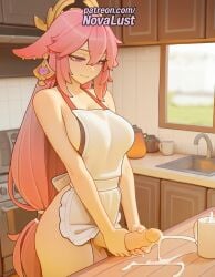 1futa 2025 ai_generated apron artist_name blush breasts bust chest cum_in_container cum_in_mug futanari genshin_impact handjob hi_res high_quality high_resolution highres long_hair low-tied_long_hair novalust patreon patreon_username pink_hair solo stable_diffusion very_long_hair watermark yae_miko