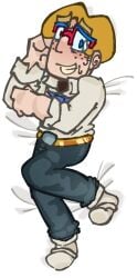 blushing_at_viewer bodypillow clothed date_everything humanized_object latex_legwear male no_visible_genitalia personification sblush sinclaire_(date_everything) sweating toony