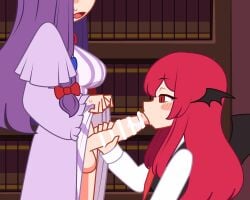 1futa 1girls animated bar_censor blowjob blush censored clothed clothing fellatio female futanari intersex koakuma light-skinned_female light-skinned_futa light_skin long_hair looping_animation oral patchouli_knowledge penis purple_hair red_eyes red_hair shinoda404 sucking_penis touhou wings
