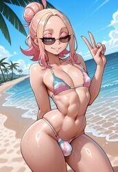 1boy 1femboy 2025 ai_generated alternate_version_available areola areola_slip beach benero bikini bikini_bottom bikini_top bulge civitai crossdressing erect_nipples erect_nipples_under_bikini erect_penis erection eyelashes eyeshadow femboy feminine_male genderswap_(ftm) girly looking_at_viewer nipples one_eye_closed outdoors outside peace_sign pectorals penis pink_eyeshadow pokemon rule_63 solo standing taunie_(pokemon) trap two_tone_hair v v_sign