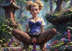 1girls ai_generated anal anal_insertion anal_masturbation anal_object_insertion black_pantyhose blonde_hair breasts cleavage corset dildo dildo_in_ass dildo_insertion dildo_riding dreamworks earrings forest goldilocks goldilocks_(puss_in_boots) green_eyes hair_bun hi_res high_heels jewelry lips looking_at_viewer medium_breasts mushroom nature necklace no_panties nose object_insertion outdoors pantyhose parted_lips progenarts puffy_short_sleeves puffy_sleeves puss_in_boots_(dreamworks) puss_in_boots_the_last_wish pussy sex_toy short_sleeves solo spread_legs squatting torn_clothes torn_pantyhose tree uncensored universal_studios watermark web_address