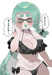 1girls bikini black_bikini black_eyes blush bow bow_bikini braid braided_hair breasts cleavage female heart-shaped_pupils inkling inkling_girl large_breasts long_hair navel nintendo pointy_ears side-tie_bikini simple_background smchan_hll solo solo_female solo_focus speech_bubble splatoon tentacle_hair thighs translation_request white_background