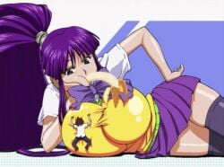 1girls banana big_breasts breasts breasts_bigger_than_head child_bearing_hips curvy eiken female fertile_hips fit_female food_in_mouth hand_on_hip hourglass_figure huge_breasts huge_hips kirika_misono large_breasts light-skinned_female long_hair phallic_symbol ponytail purple_hair school_uniform shiny_skin skirt teenager thick_hips thick_thighs thighhighs wide_hips