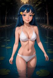 2025 4kids_entertainment ai_generated anime belly blue_eyes_female brown_eyebrows dawn_(pokemon) deviantart female forest_background golden_hairwear meta nintendo open_mouth open_mouth_smile pokemon standing_on_water teeth_showing tummy unknown_artist white_bikini