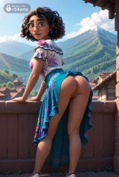 1girls ai_generated artist_name ass bare_legs black_hair blouse blue_skirt blue_sky breasts brown_eyes brown_hair brown_lips cleft_of_venus clothes_lift cloud curly_hair dark-skinned_female dark_skin day disney earrings encanto english_text female floral_print from_behind full_body glasses hi_res jewelry kneepits leaning_forward lips looking_at_viewer looking_back medium_breasts mirabel_madrigal mountain mountainous_horizon no_panties nose outdoors parted_lips pussy r34arts round_eyewear shirt shoes short_sleeves skirt skirt_lift sky sneakers solo standing thick_eyebrows tinted_eyewear uncensored very_dark_skin white-framed_eyewear white_footwear white_shirt yellow-framed_eyewear