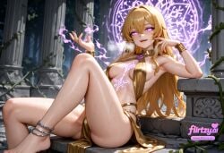ahoge ai_assisted ai_generated anklet bare_legs bare_shoulders barefoot blonde_hair blush bracelet breasts cuffs feet female flirtzy.ai hair_between_eyes jewelry long_hair looking_at_viewer medium_breasts no_panties open_mouth purple_eyes sideboob sitting solo sweat