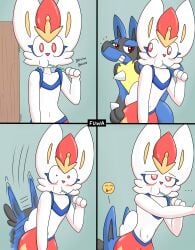 absurd_res anal anthro blue_body blue_fur blush brush brushing brushing_teeth canid canine cinderace comic duo enjoying fur generation_4_pokemon generation_8_pokemon grey_body grey_fur hi_res lagomorph lucario male male/male mammal mr_fuwa navel nintendo oral pokemon pokemon_(species) red_eyes rimming sex simple_background smile smiling_at_another smug spikes surprised_expression toothbrush white_body white_fur