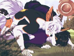 absurd_res ambiguous_penetration anthro anthro_on_anthro anthro_penetrating athro black_body black_fur black_hair black_nose black_paws breasts canid canine canis claws closed_eyes digital_media_(artwork) doggy_style duo english_text facial_markings feet female female_penetrated fluffy fluffy_tail fox from_behind_position fur grass hair happy happy_sex head_markings hi_res impregnation licking licking_another male male/female male_penetrating male_penetrating_female mammal markings multi_tail multicolored_body nude orange_body orange_fur orange_inner_ear ovum pawpads paws penetration plant purple_body purple_fur sex shyryp smile sperm_cell tail text tongue tree vaginal_penetration white_body white_fur white_hair yellow_body yellow_fur