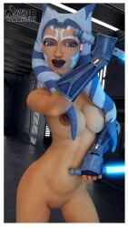 1girls 3d ahsoka_tano alien big_breasts breasts female lightsaber nipples orange_skin pussy renalover3d solo star_wars togruta