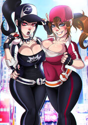 2girls ashley_(shadman) backpack bag belt black_hair blue_eyes blush breasts brown_hair brunette cap cleavage collar covered_breasts covered_nipples eyeliner eyeshadow female female_only female_protagonist_(pokemon_go) fingerless_gloves fiona_(shadman) freckles gloves goth grin hat human jacket large_breasts legs long_hair looking_at_viewer makeup mole multiple_girls nail_polish nintendo open_mouth pants piercing poke_ball pokemon pokemon_go ponytail red_eyes shadman smile spiked_collar teeth text thighs tied_hair tongue voluptuous yoga_pants