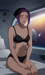 ai_generated akima_kunimoto bigmic145 black_hair bra cartoon cleavage female multicolored_hair navel panties purple_hair titan_a.e. two-tone_hair