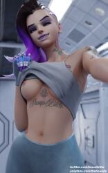 1girls 3d blizzard_entertainment breasts dark-skinned_female dark_skin female latina nipples overwatch shirt_lift solo sombra tattoo thehounde