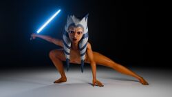 1girls 3d ahsoka_tano alien bonez3dp breasts female lightsaber nipples orange_skin solo star_wars togruta