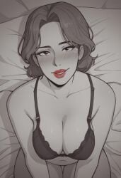 ai_generated black_and_white cleavage curvy lips looking_at_viewer mommy needmymommy older_female