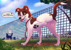 animal_genitalia anus balls being_watched bodily_fluids canid canine canis domestic_dog english_text facial_scar feral fully_sheathed genital_fluids genitals looking_at_another looking_at_viewer looking_back male mammal rear_view rope rukifox scar sheath speech_bubble spike_(rukifox) text tongue tongue_out urine