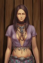 ai_generated belly_button blue_eyes bottomwear brown_hair choker cleavage collar female jewelry large_breasts light-skinned_female long_hair midriff sfw skirt topwear