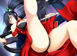 ass bare_shoulders black-framed_eyewear black_hair black_panties blazblue breasts china_dress chinese_clothes cleavage detached_sleeves dress female female_focus fingernails glasses grin high_ponytail highres kneepits lao_jiu large_breasts leg_up legs litchi_faye_ling long_hair looking_at_viewer panda panties ponytail purple_eyes semi-rimless_eyewear shiny_skin smile solo spread_legs staff underwear very_long_hair yomitrooper