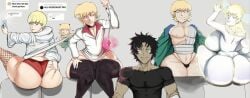 2d 4femboys 5boys big_ass big_ass_(male) big_butt black_hair blonde_hair crauncrown crying devilman_crybaby fat_ass femboy fudou_akira male_only netflix red_thong ryo_asuka small_penis social_media stockings text white_background