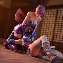2girls ayane_(doa) brown_hair catfight dead_or_alive female fight fighting fighting_game japanese japanese_clothing japanese_female kasumi_(doa) ninja ninja_gaiden purple_hair sibling_rivalry siblings sisters tagme wafl4k