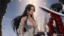 ai_generated animated big_breasts black_hair boa_hancock breasts castle crossover dress earrings embrace embracing empress fairy_tail female female_only hat height_difference irene_belserion jabbaman58 kissing making_love making_out one_piece pirate red_hair red_head shichibukai witch wizard woman_only women yuri