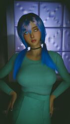 1girls 3d 4k blue_eyes blue_hair choker crashbanditkut dark-skinned_female dark_skin female female_focus heterochromia hi_res high_resolution highres nail_polish nails original original_character solo suit virt-a-mate virtamate yellow_eyes