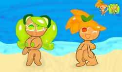 2girls ass ass_focus beach big_ass big_breasts breasts caramelpearl_(artist) cookie_run cookie_run_kingdom cookie_run_ovenbreak female green_eyes green_hair lime_cookie nude_female nude_females orange_cookie orange_eyes orange_hair twintails