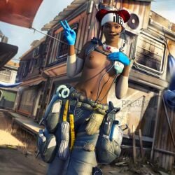 1girls 3d apex_legends braless breasts dark-skinned_female dark_skin female gloves headband lifeline_(apex_legends) nipples pristinerenders red_hair rubber_gloves small_breasts solo topless v_sign