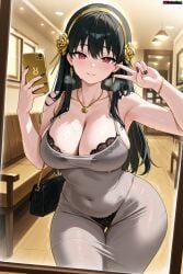 1girls absurd_res absurd_resolution absurdres ai_generated ass big_breasts black_fingernails black_hair breasts curvaceous curvy curvy_body curvy_female curvy_figure curvy_hips deep_skin dongtan_dress dress hair_down hi_res high_quality high_resolution highleg_panties highres hourglass_figure huge_ass huge_breasts jewelry long_hair paid_reward_available peace_sign red_eyes see-through see-through_clothing self_upload selfie skindentation spy_x_family sweat sweating v velutinx visible_breath voluptuous voluptuous_body voluptuous_female watermark wide_hips yor_briar yor_forger