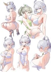 2girls arianna_the_labrynth_servant ass bikini bikini_bottom blush breast bunny_ears bunnysuit card closed_mouth demon demon_girl demon_horns duel_monster female green_eyes hi_res kneeling konami labrynth_of_the_silver_castle leotard looking_at_viewer lovely_labrynth_of_the_silver_castle majo_(pastamajo) pastamajo pose queen rear_view silver_eyes thighhighs tiptoes twintails white_background white_hair yu-gi-oh!