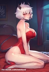 ai_generated big_ass big_breasts big_butt big_thighs blush demon_tail from_side helltaker high_heels horn huge_ass huge_breasts huge_butt huge_thighs leotard magic_circle malina_(helltaker) red_eyes sitting wanuze white_hair wide_hips