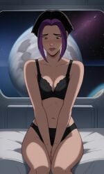 ai_generated akima_kunimoto bigmic145 black_hair bra cartoon cleavage female multicolored_hair navel panties purple_hair titan_a.e. two-tone_hair