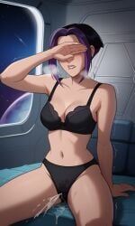 ai_generated akima_kunimoto bigmic145 black_hair bra cartoon cleavage female fingering masturbation multicolored_hair navel panties purple_hair squirting tease teasing titan_a.e. two-tone_hair wet_pussy