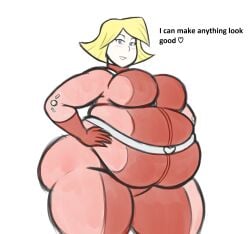 belly_overhang big_belly big_breasts big_butt blonde_hair blue_eyes clover_(totally_spies) dialogue fat flabby_arms flabby_legs hands_on_hips looking_at_viewer mizz-britt obese obese_female obese_human overweight overweight_female overweight_human red_bodysuit red_jumpsuit seductive_grin thick_thighs totally_spies white_belt wide_hips