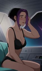 ai_generated akima_kunimoto bigmic145 black_hair bra cartoon cleavage female multicolored_hair navel panties purple_hair titan_a.e. two-tone_hair