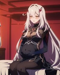 big_breasts breast_grab breasts breasts_out c embarrassed genshin_impact hoyoverse in_bed long_hair pantyhose pregnant pregnant_female ronova_(genshin_impact) white_hair