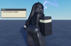 1girls 3d aelita_(deepwoken) ass ass_focus baseplate bottomless deepwoken felinor_(deepwoken) female legs partially_clothed roblox roblox_game robloxian sensicalstuff solo solo_female tagme text text_box