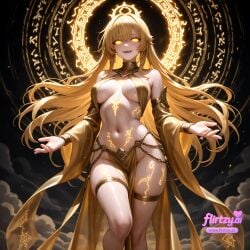 ahoge ai_assisted ai_generated bare_shoulders blonde_hair breasts clock cloud detached_sleeves female flirtzy.ai gears jewelry long_hair looking_at_viewer magic_circle medium_breasts navel open_mouth pelvic_curtain sky smile solo star_(sky tattoo thigh_strap yellow_eyes