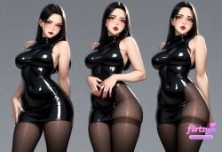 3girls ai_assisted ai_generated artist_name black_hair black_legwear black_nails blue_nails blush breasts covered_navel cowboy_shot dress female fine_fabric_emphasis fingernails flirtzy.ai grey_background hand_on_hip lips long_hair looking_at_viewer mole multiple_views nail_polish open_mouth orange_eyes pantyhose parted_lips pink_nails purple_nails red_nails shiny shiny_clothes skin_tight skirt sweat thighband_pantyhose
