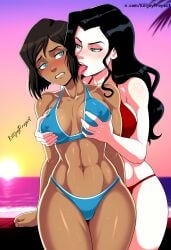 2girls ai_generated asami_sato beach bikini biting biting_lip black_hair blue_eyes breasts brown_hair canon_couple curvy_figure dark-skinned_female dark_skin duo_female duo_focus female grabbing_another's_breast grabbing_from_behind green_eyes horny_face horny_female imminent_sex killjoyproject korra light-skinned_female light_skin long_hair medium_breasts outdoors short_hair the_legend_of_korra tongue tongue_out yuri