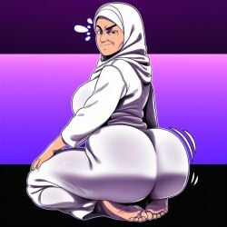 ai_generated ass ass_focus big_ass d-art_style dark_skin female from_behind gilf granny hijab kneeling looking_at_viewer looking_back looking_back_at_viewer mature mature_female muslim muslim_female on_knees smirk soles