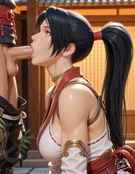 1boy 1girls ai_generated bare_shoulders black_hair blowjob breasts eidedodidei from_side kneeling looking_at_another momiji_(ninja_gaiden) ninja ninja_gaiden oral outdoors penis penis_in_mouth ponytail self_upload straight testicles