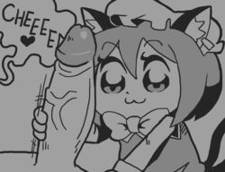 :3 animal_ears bkub cat_ears chen dialogue english_text feline female greyscale hat heart humanoid male mammal monochrome multi_tail penis speech_bubble text touhou unknown_artist