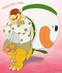 1boy 3_toes anthro anthrofied bowser bowser_day claws clothed clothing digitigrade english_text erection eyewear front_view full_body glasses gradient_background hipster horn koopa koopa_clown_car looking_at_viewer male male_only mario_(series) musclegut muscular muscular_male nintendo orange_penis paws penis penis_through_fly pink_background poking_out pose reptile scalie shell shirt shorts simple_background smile solo spelunker_sal spikes standing text toes turtle vein veiny_penis video_games zipper