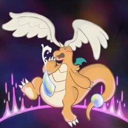 absurd_res after_transformation animal_genitalia anthro april_showers_(artist) blush closed_eyes colored_fire dragonite ejaculation feral fire flying generation_1_pokemon genital_slit genitals hands-free head_wings hi_res humanoid iridescent_penis male mega_dragonite moan nintendo pink_fire pokemon pokemon_(species) solo spontaneous_ejaculation unusual_wing_placement wings